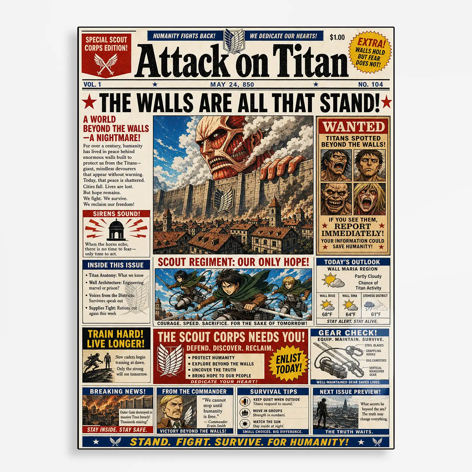 anime metal poster (15) s1 Anime Metal Poster Wall Decor - AOT Newspaper - Image 1