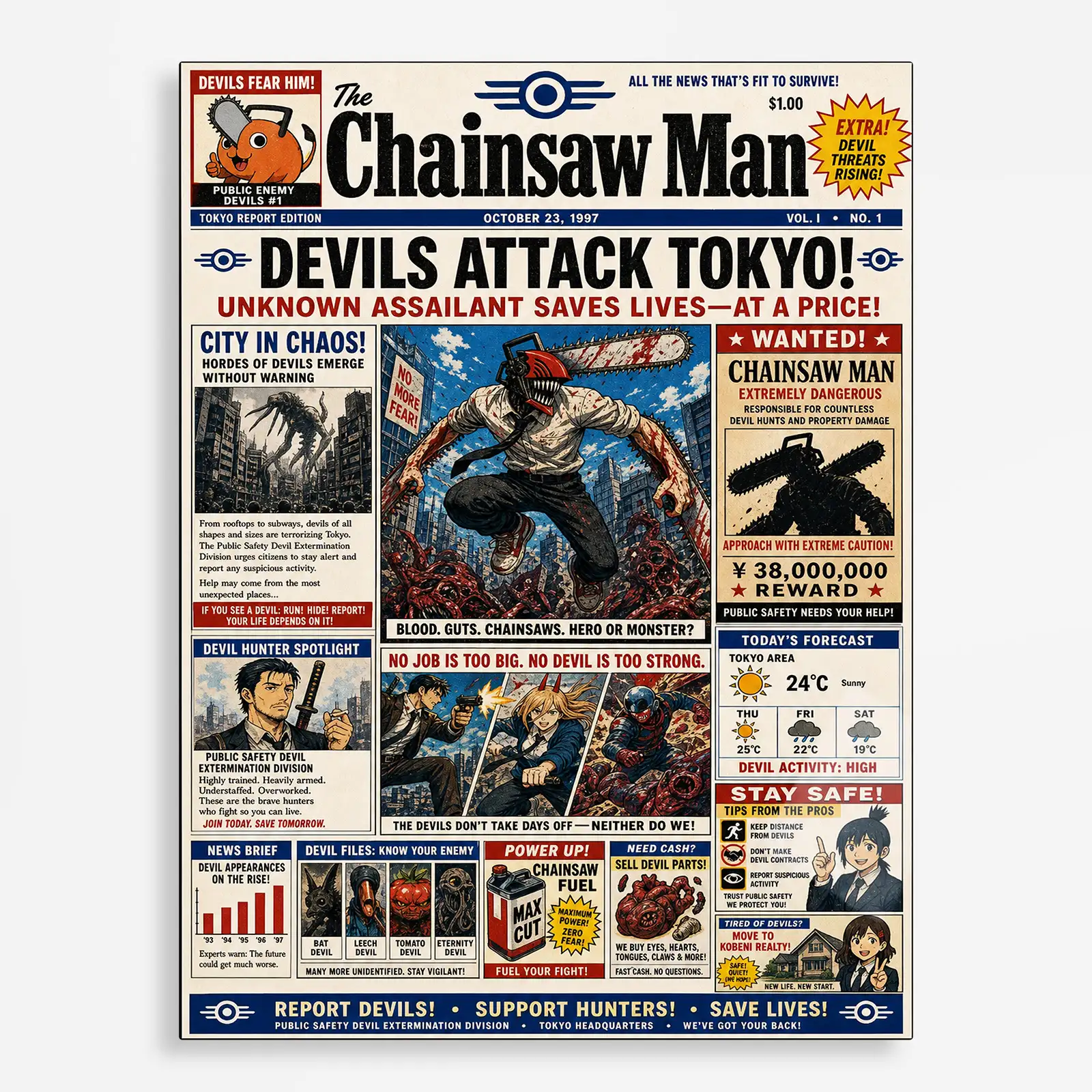 anime metal poster (51) s1 Anime Metal Poster Wall Decor - Chainsaw Newspaper - Image 1