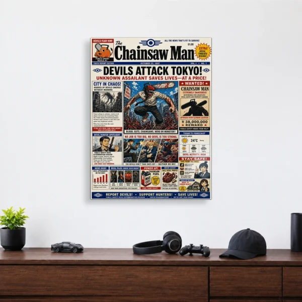 Anime Metal Poster Wall Decor - Chainsaw Newspaper - Image 4